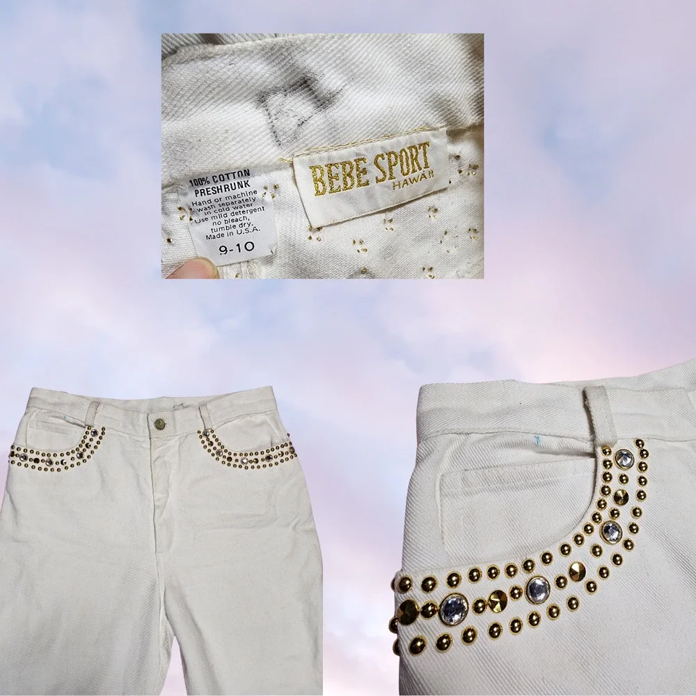 Vtg 80s Bebe Sport Hawaii  White Denim Gold Studded Rhinestone High Waist Jeans - Picture 4 of 6